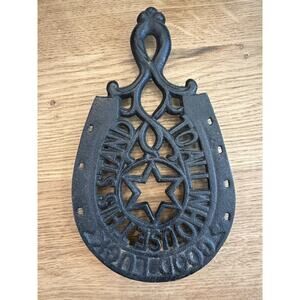 Cast Iron Antique Sad Trivet GOOD LUCK TO ALL WHO USE THIS STAND Star/Horseshoe